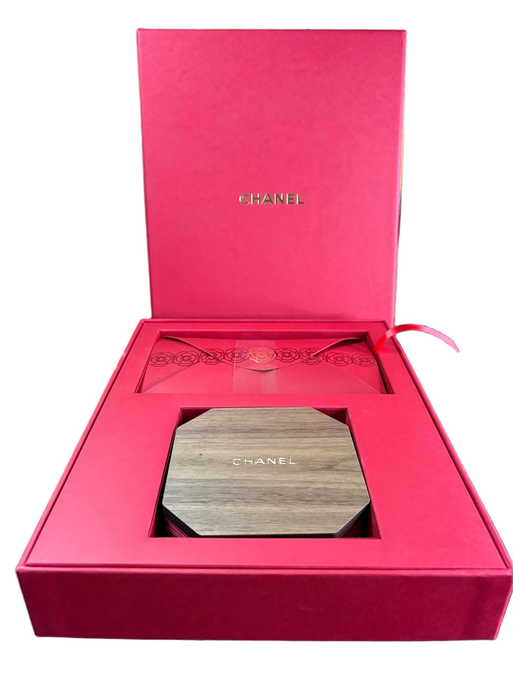 CHANEL Ltd Edition Red Camellia Accordion Set w/ Wooden Display + 8 Envelopes